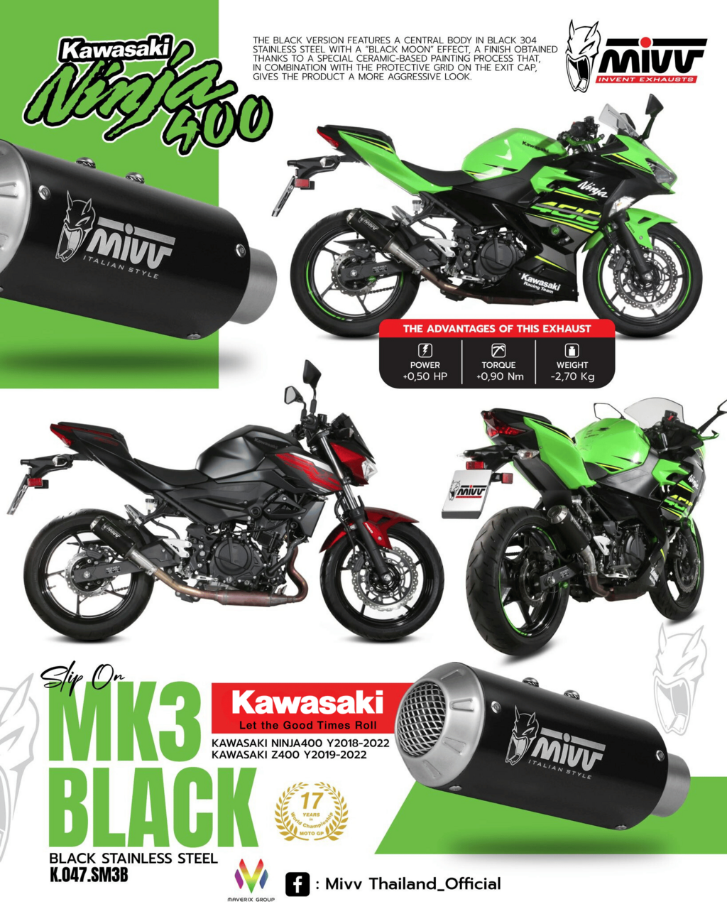 ท่อ Mivv สำหรับ KAWASAKI NINJA400/Z400 2018 > 2021 | SLIP-ON MK3 BLACK STAINLESS STEEL